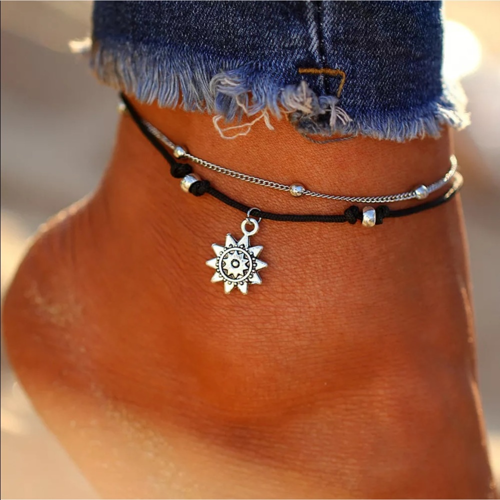 Nautical Compass Silver Toned Black Rope Anklet - Picture 3 of 3